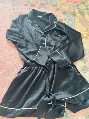 Victoria's Secret Black Satin Pajama Top with White Label